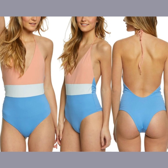 NEW‎ Tavik [ Small ] Chase Colorblock Deep V One-Piece Swimsuit in Sea Blue - Picture 12 of 12